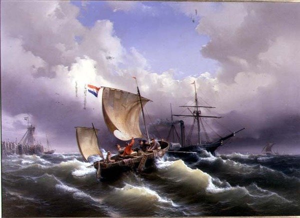 Schepen in Woelig Water voor een Kustlijn door Eduard Schmidt