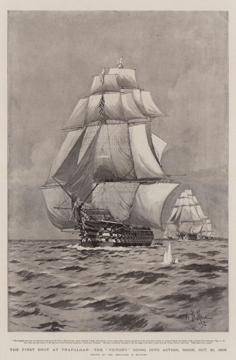 Het Eerste Schot bij Trafalgar, de Victory gaat in Actie, Middag, 21 oktober 1805 door Eduardo de Martino