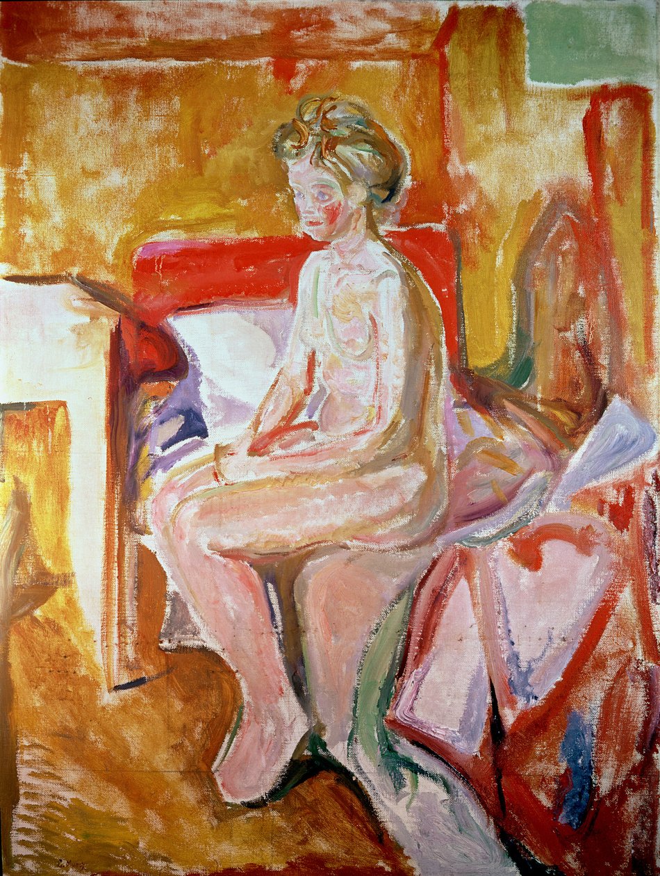 Meisje zittend op de rand van haar bed door Edvard Munch