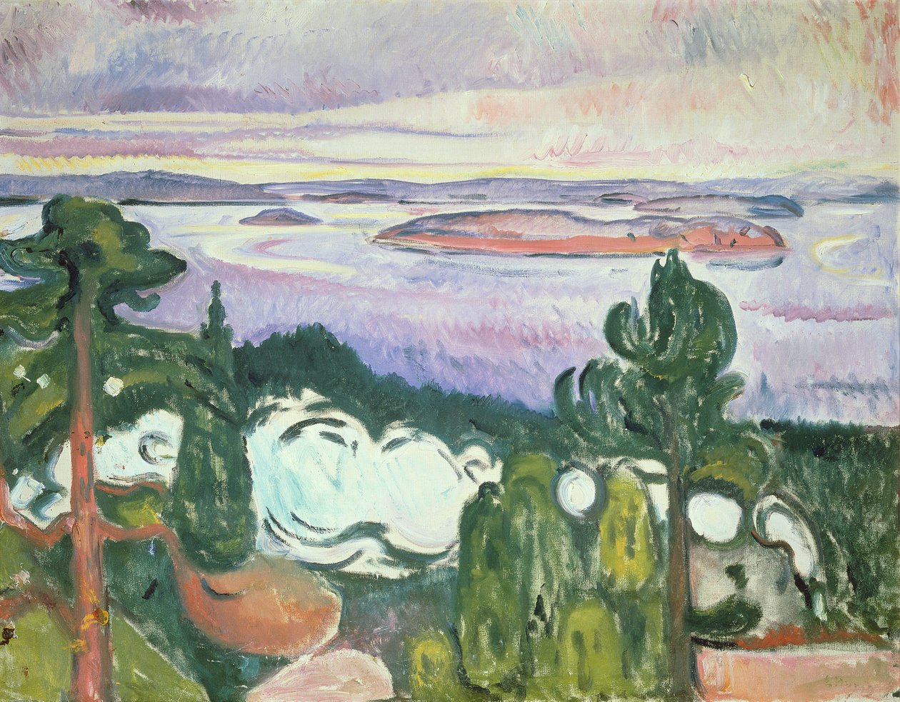 Oslofijord - Noordelijk strand (landschap met spoorweg, trein, rook) 1910 door Edvard Munch