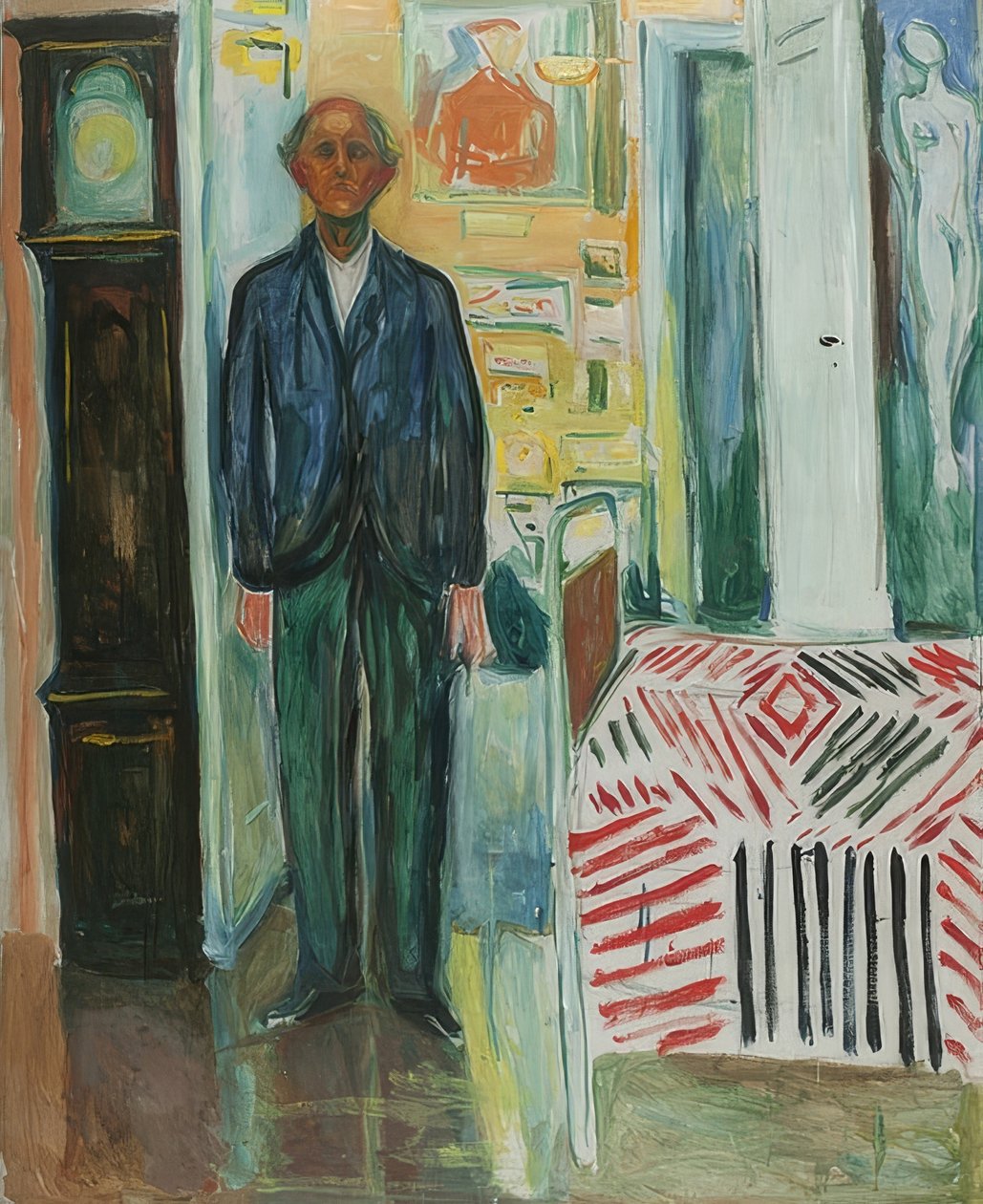 Zelfportret. Tussen klok en bed. 1940-42 door Edvard Munch