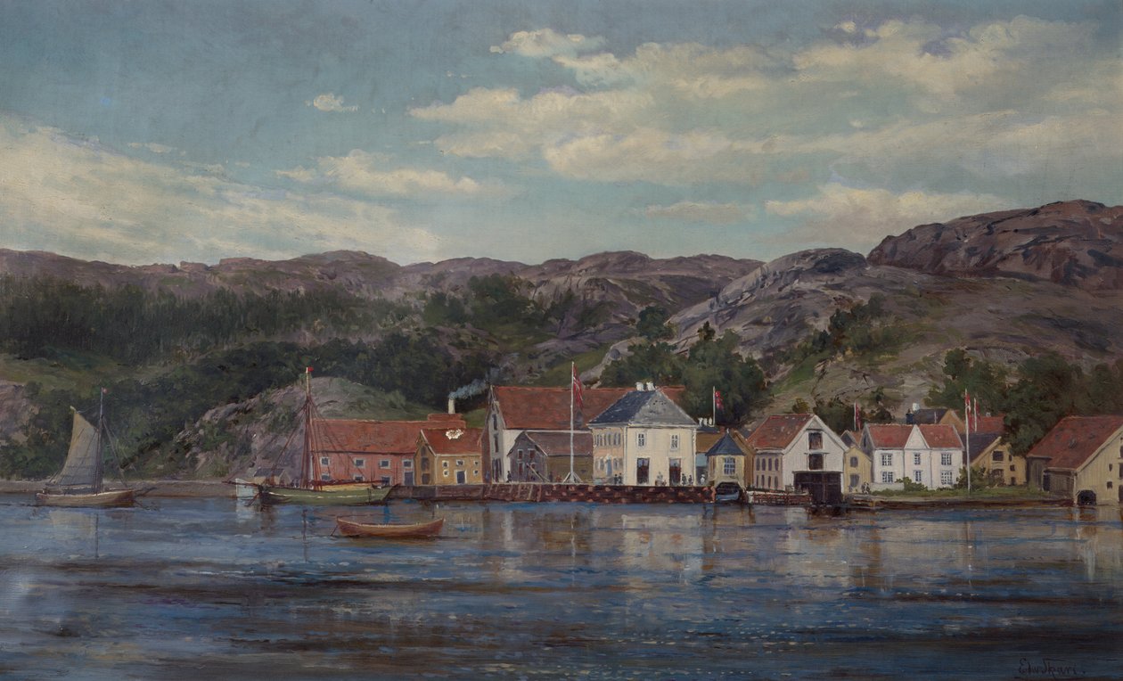 De rivier in Flekkefjord door Edvard Skari