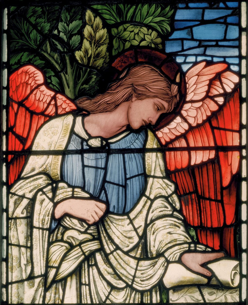 Birmingham, Acocks Green, Sint Maria de Maagd, Morris & Co., Edward Burne-Jones, John Henry Dearle, Engel met Rol, detail, 1895 door Edward Coley and Dearle Burne Jones