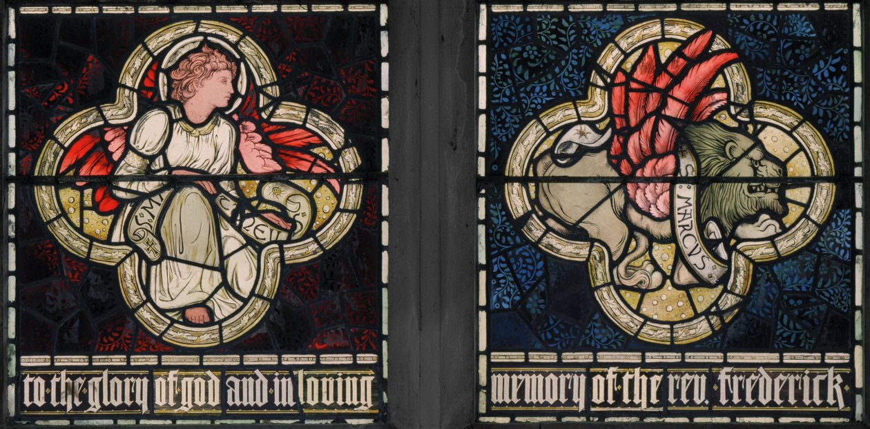 Birmingham, Acocks Green, Sint Maria de Maagd, Morris & Co., Edward Burne-Jones, John Henry Dearle, Symbolen van de Evangelisten, Sint Mattheüs & Sint Marcus, 1895 door Edward Coley and Dearle Burne Jones