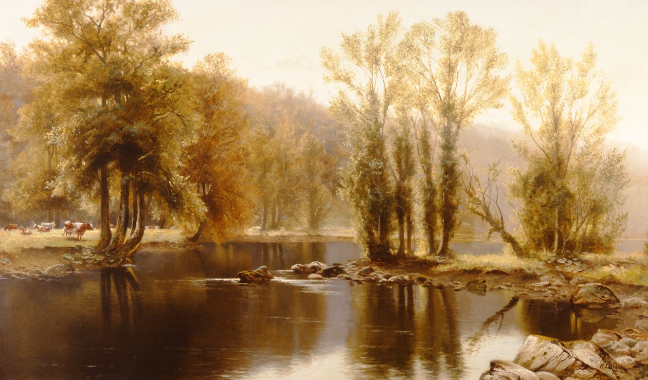 Uitgestrekt rivierlandschap met vee door Edward J. Duval