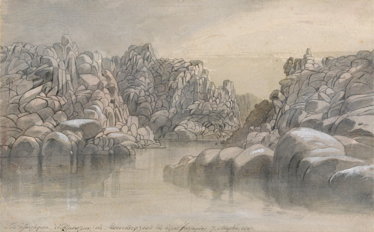 Rivierpas tussen half kale rotskliffen door Edward Lear