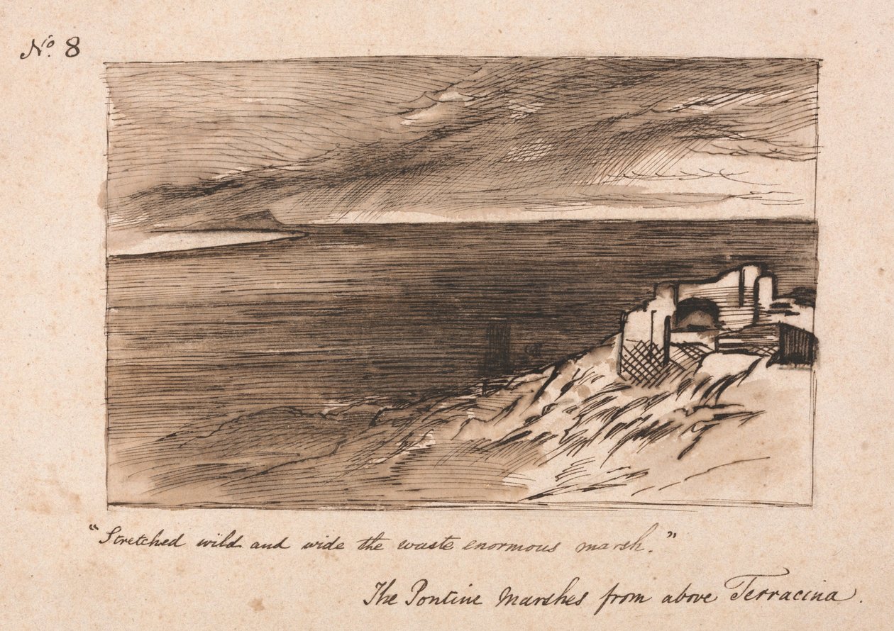 De Pontijnse moerassen boven Terracina door Edward Lear