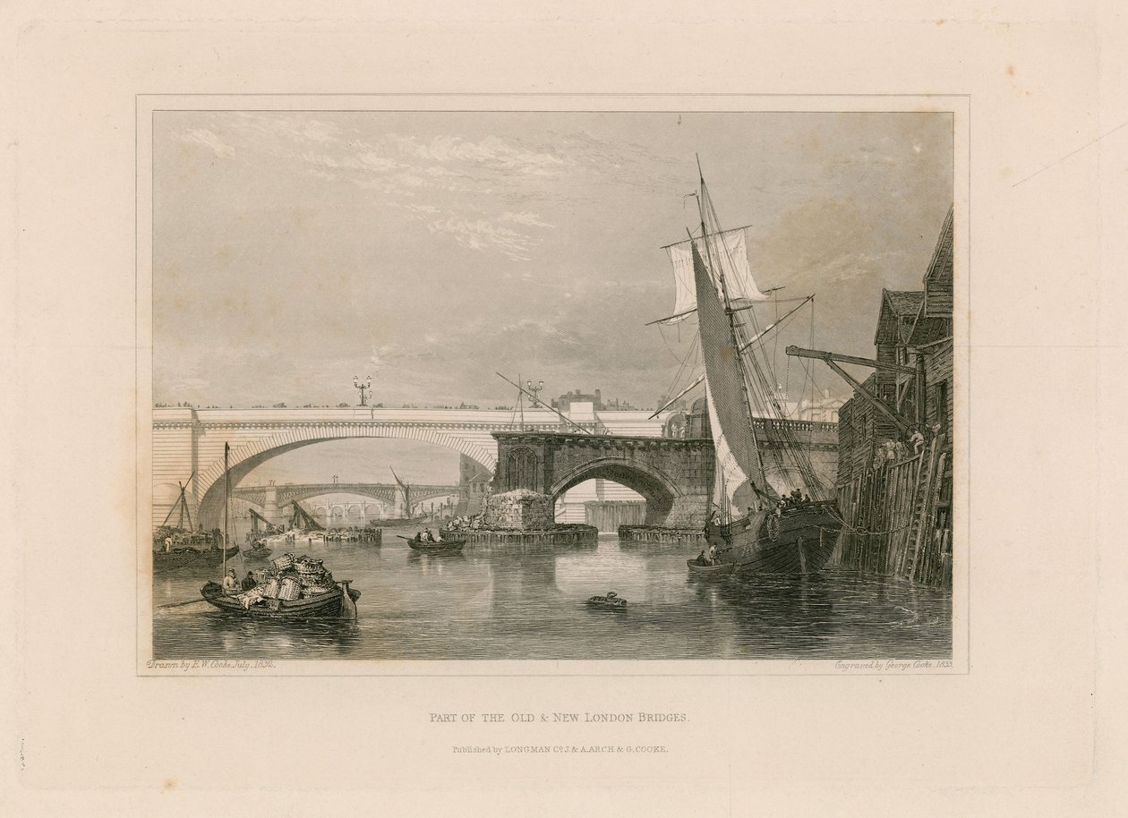 Deel van de oude en nieuwe Londense Bruggen. Getekend 1832 door Edward William Cooke