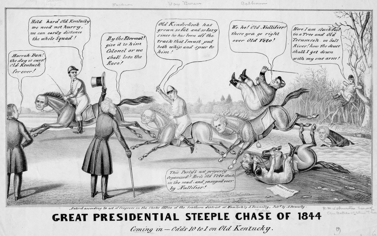 Grote presidentiële steeple chase van 1844: aankomst-- kansen 10-1 op Old Kentucky, gepubliceerd door A Donnelly, New York, 1844 door Edward Williams Clay