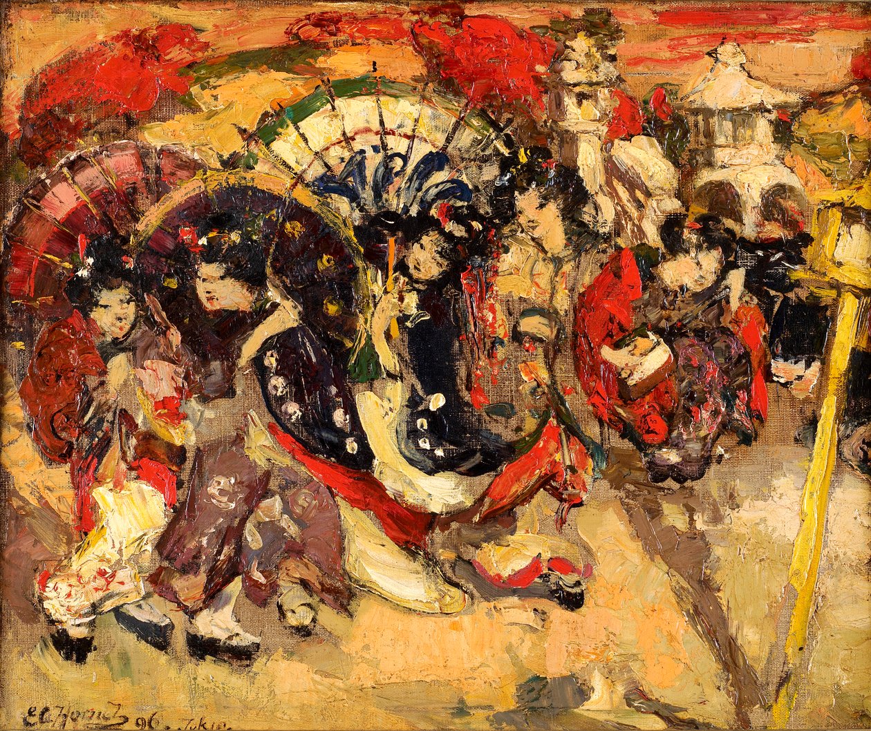 Japanse figuren in een tuin door Edward Atkinson Hornel
