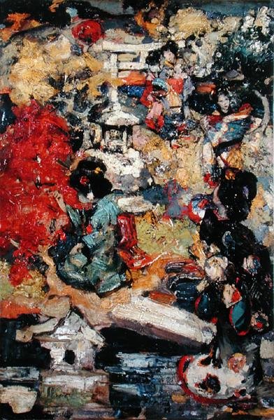 Japanse figuren in een tuin door Edward Atkinson Hornel
