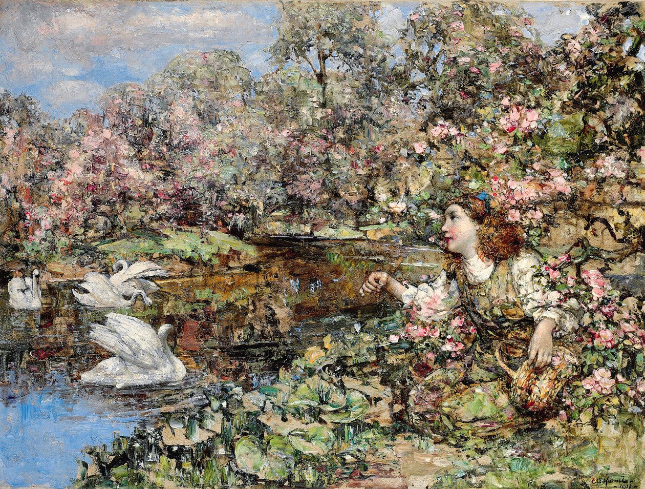Zwanenvijver door Edward Atkinson Hornel