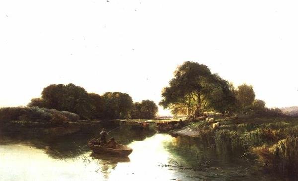 Een rivierlandschap met vissers door Edward Charles Williams