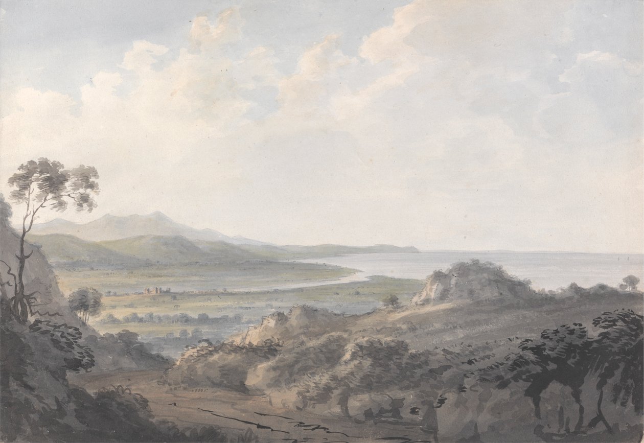 Kustscène met monding van een rivier door Edward Dayes
