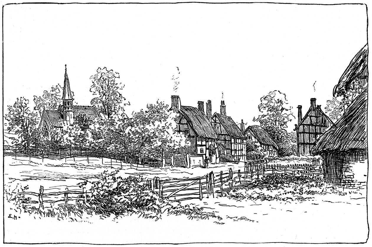 Luddington dorp en nieuwe kerk, Warwickshire, 1885 door Edward Hull