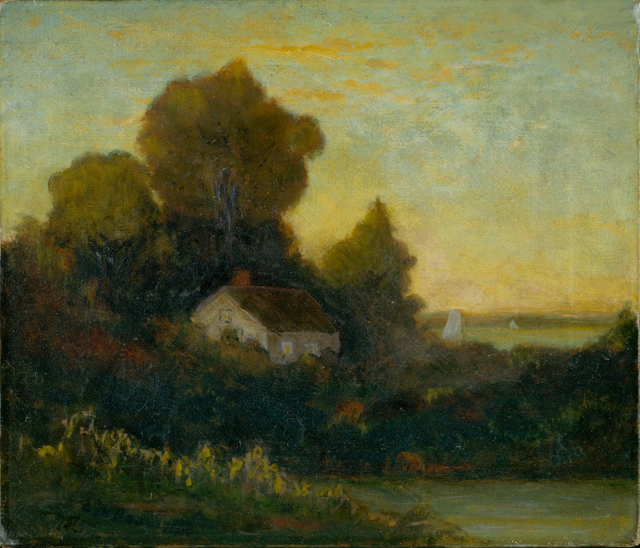 Zonder titel (huis in bos bij meer) door Edward Mitchell Bannister