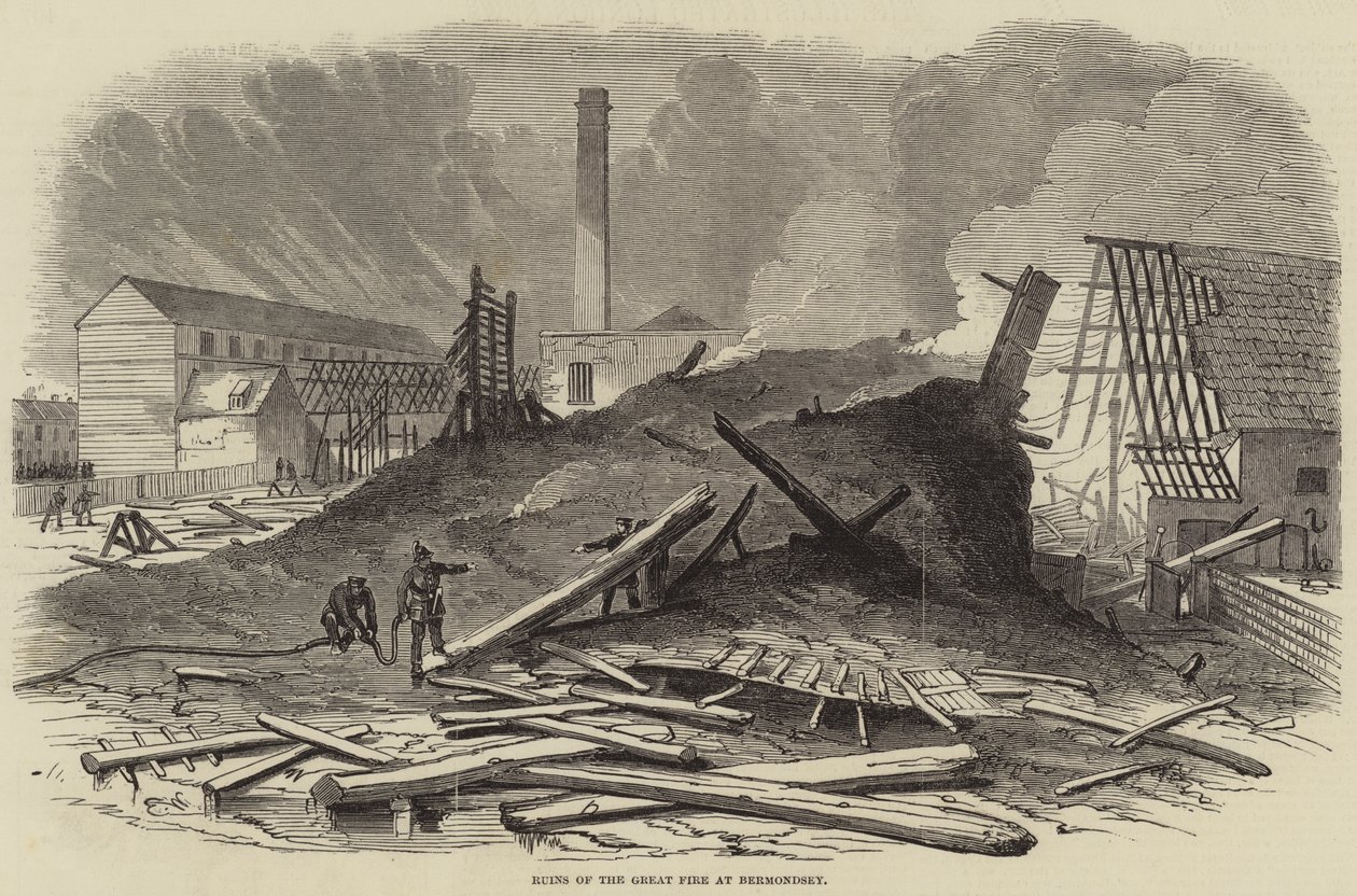 Ruïnes van de grote brand in Bermondsey door Edwin Weedon