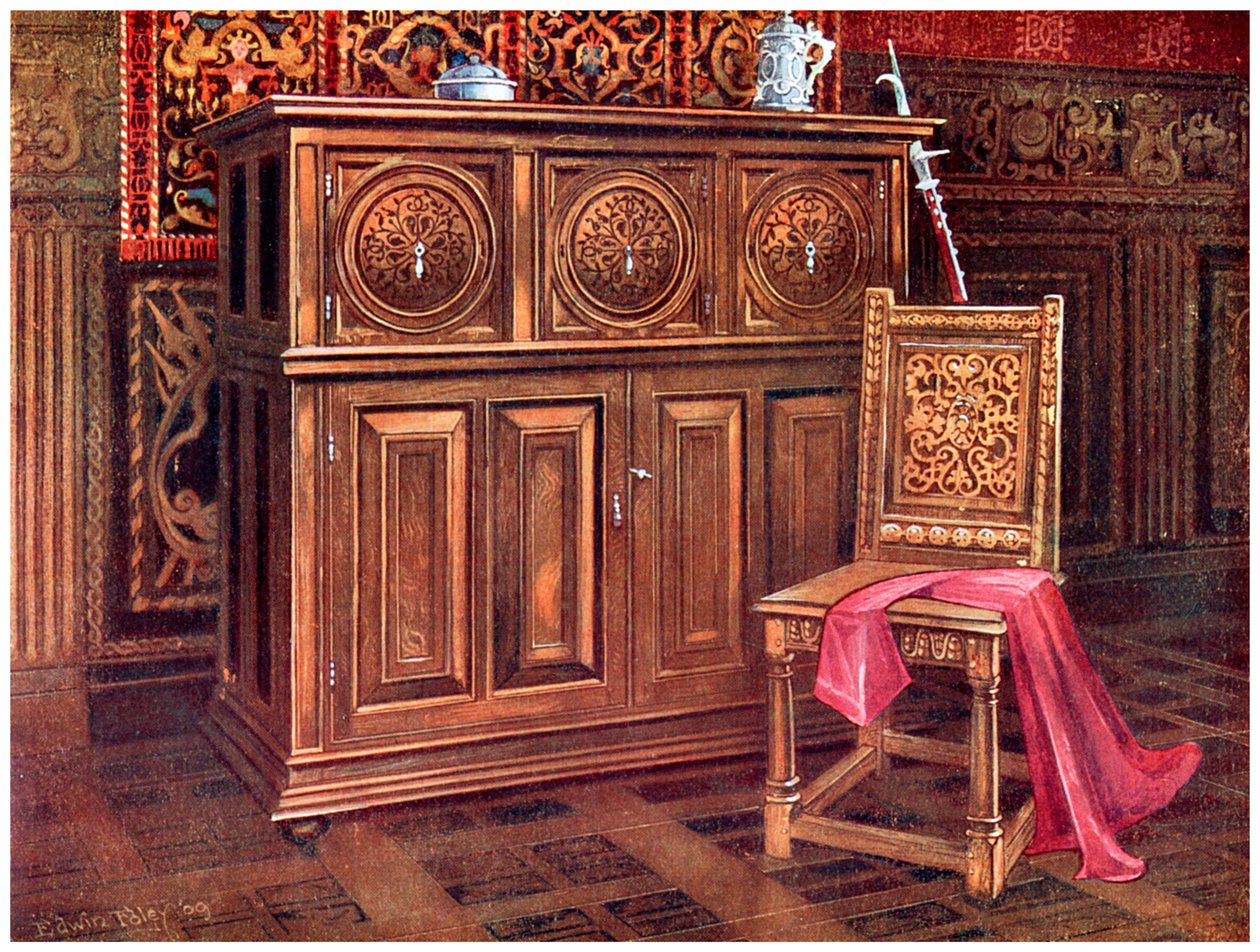 Eiken kabinet en walnoten stoel, 1910 door Edwin Foley