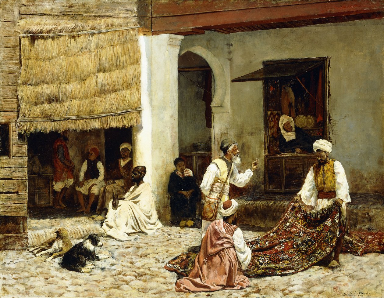Een tapijtenbazaar in Tanger door Edwin Lord Weeks