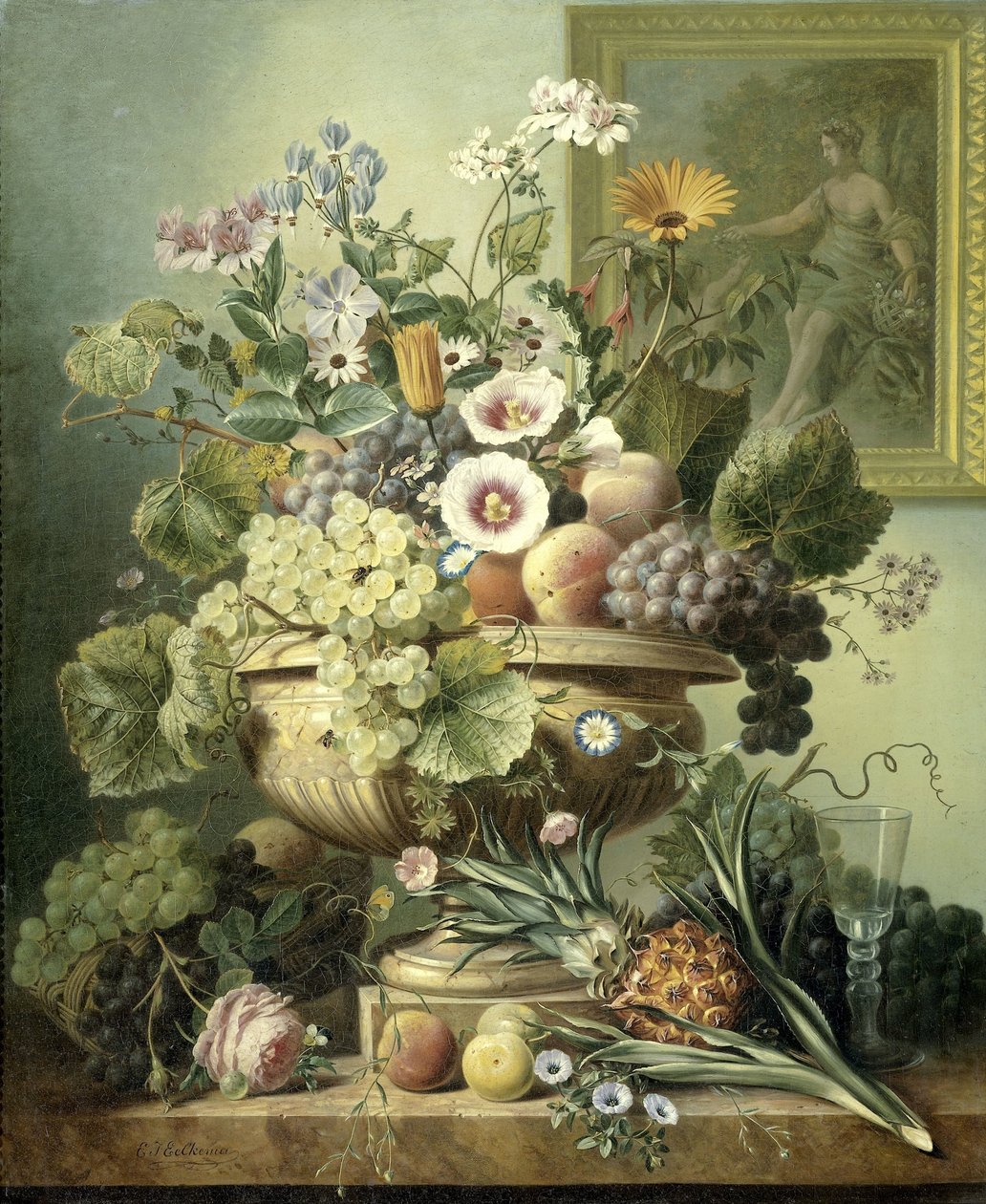 Stilleven met bloemen en fruit door Eelke Jelles Eelkema