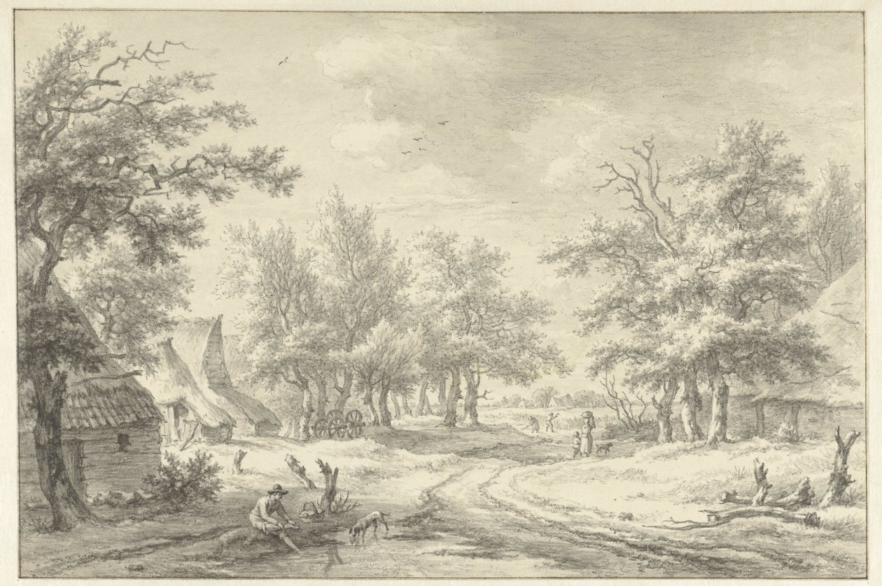 Landschap met enkele boerderijen en figuren door Egbert van Drielst