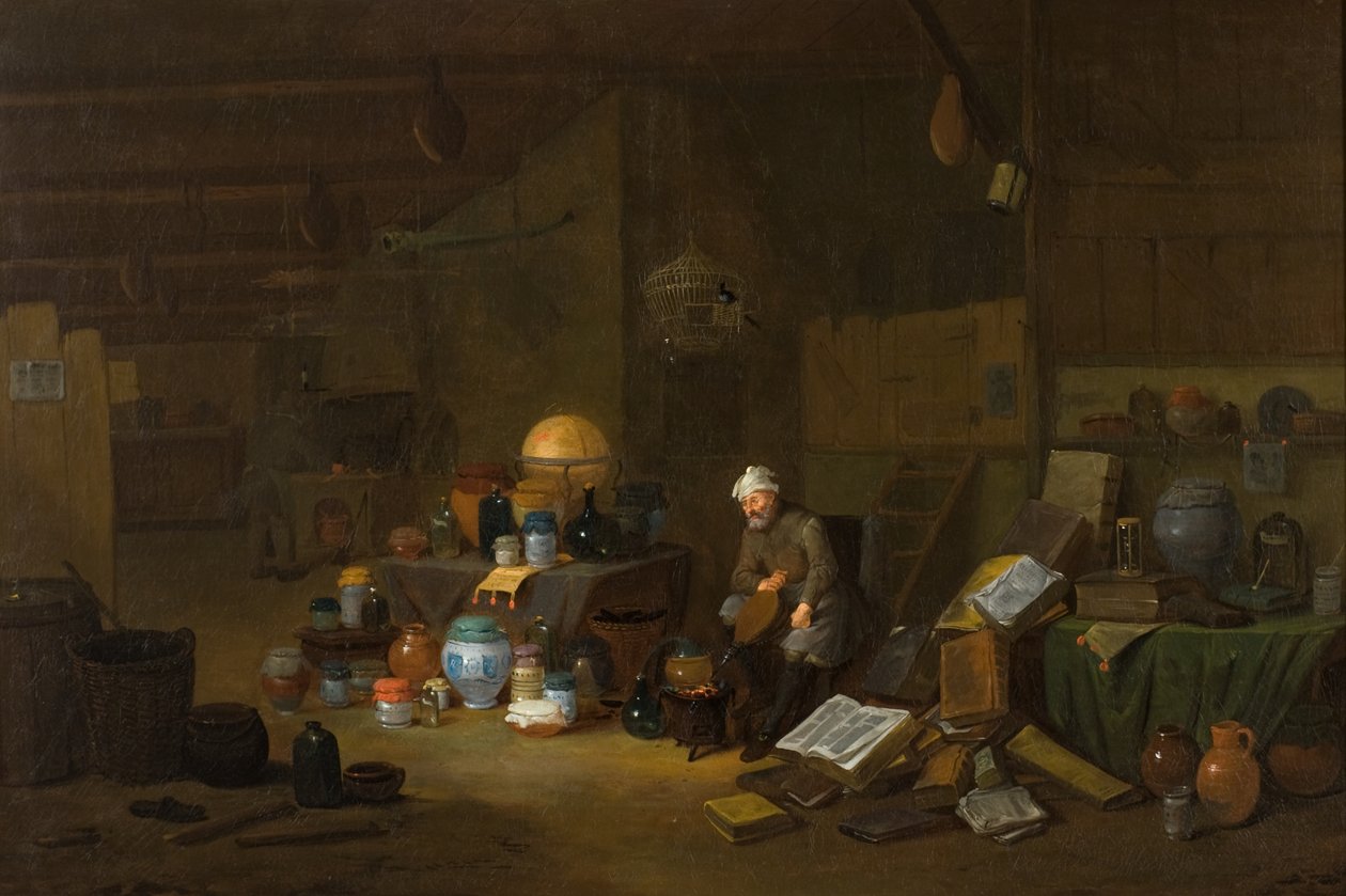 De Alchemist door Egbert van the Elder (studio of) Heemskerck