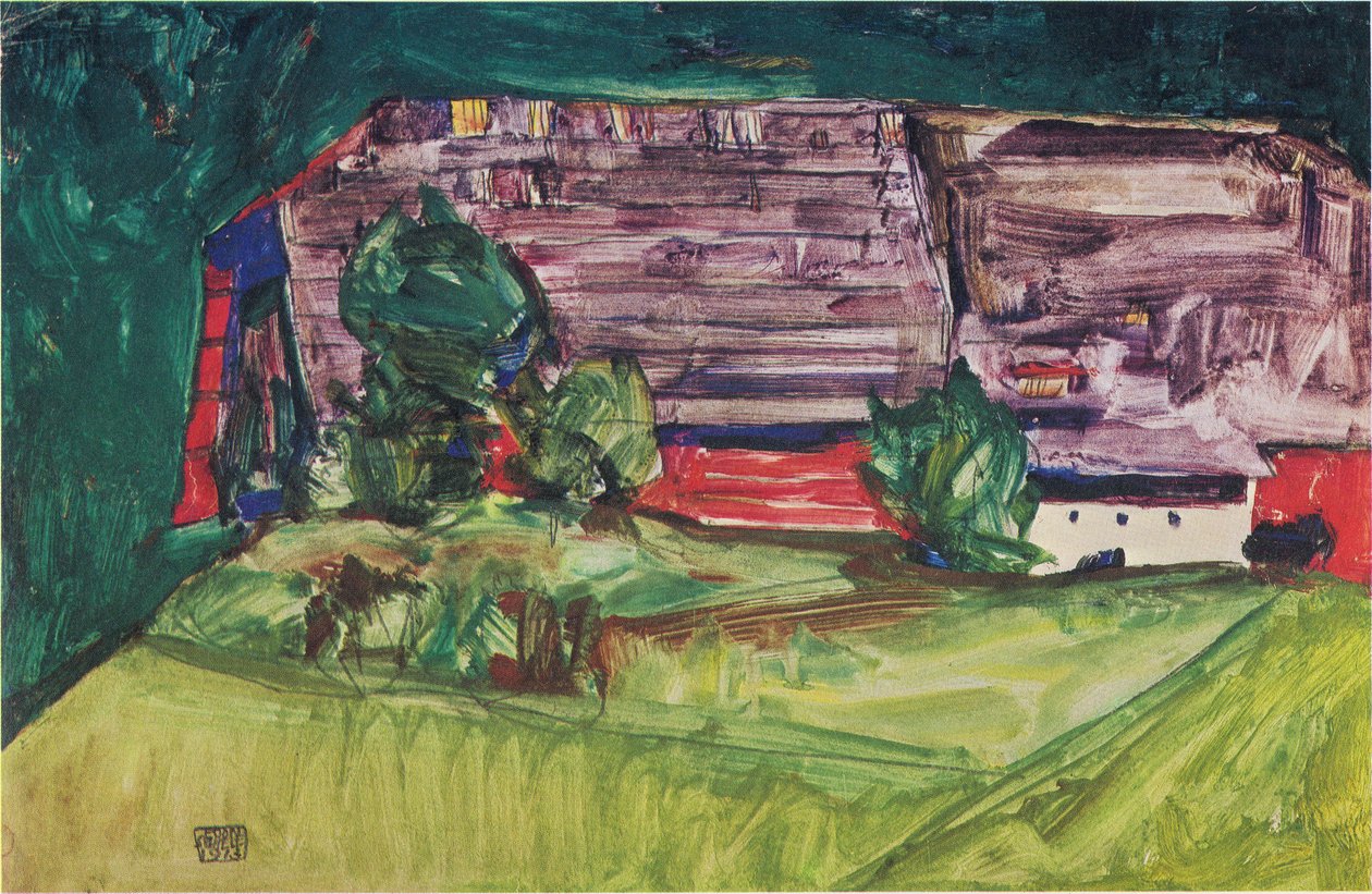 Boerderij in een landschap door Egon Schiele