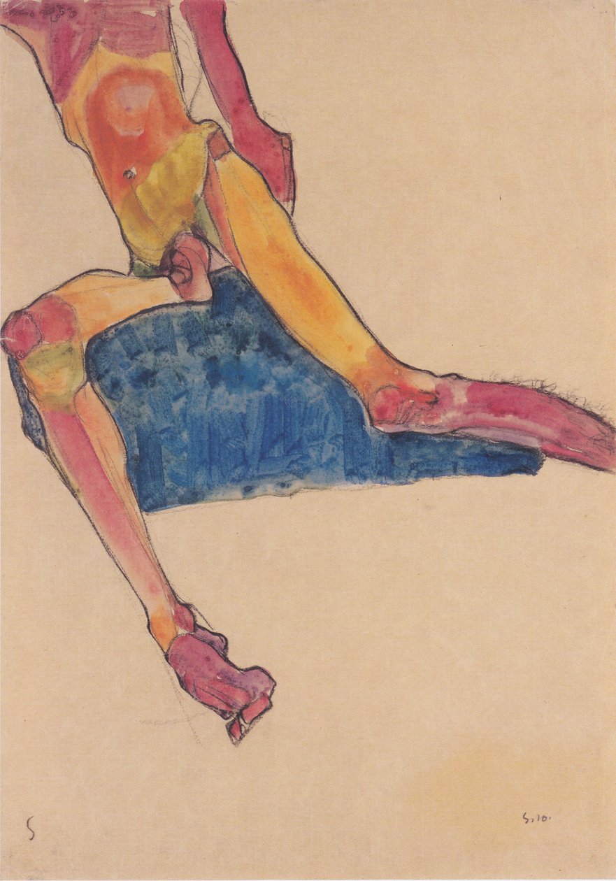 Torso op blauw doek door Egon Schiele