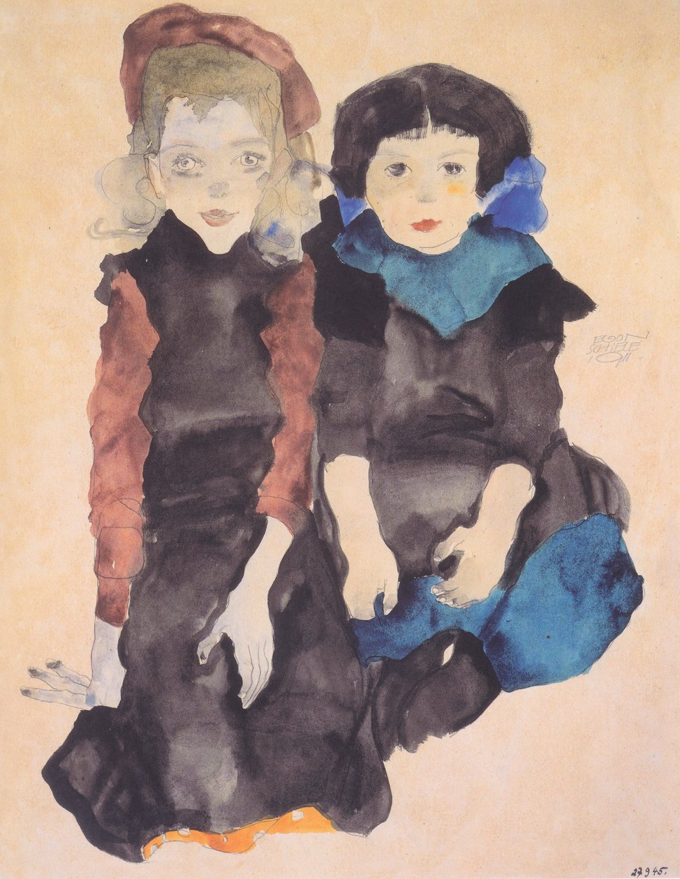 Twee hurkende meisjes door Egon Schiele