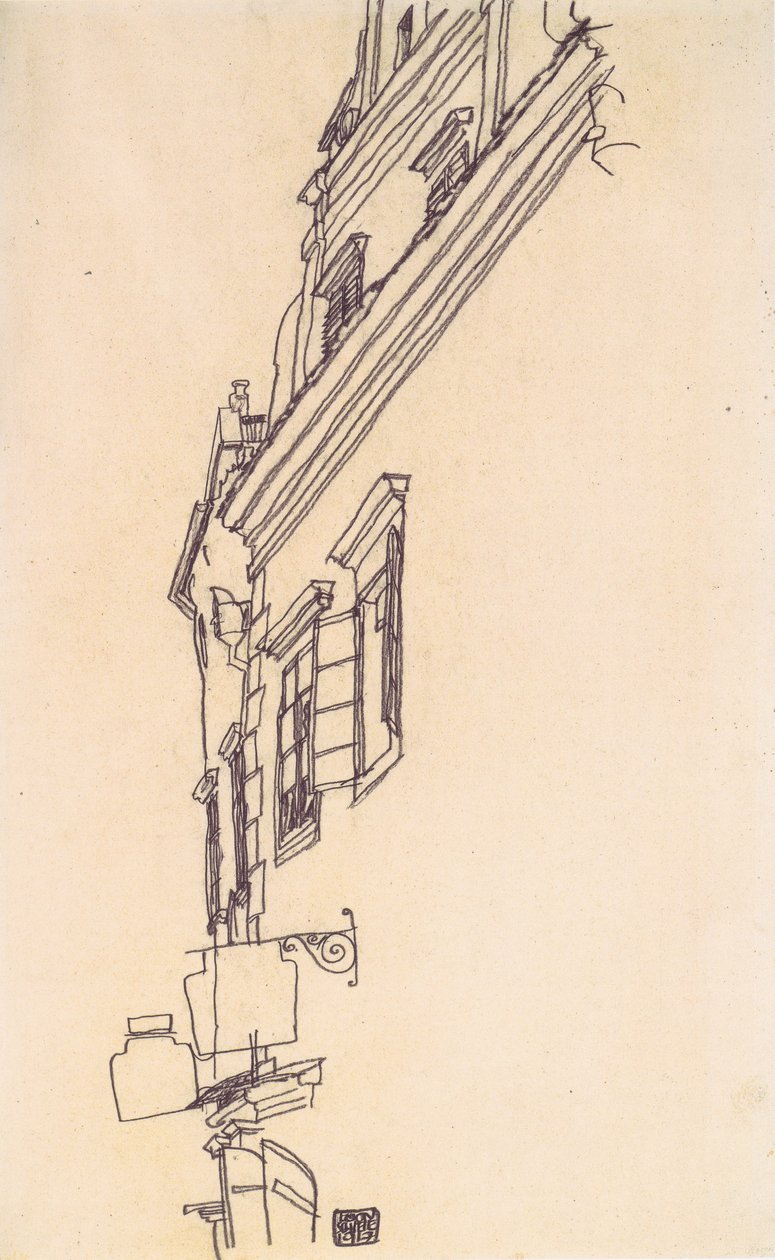 Oude gevelhuizen in Krumau door Egon Schiele