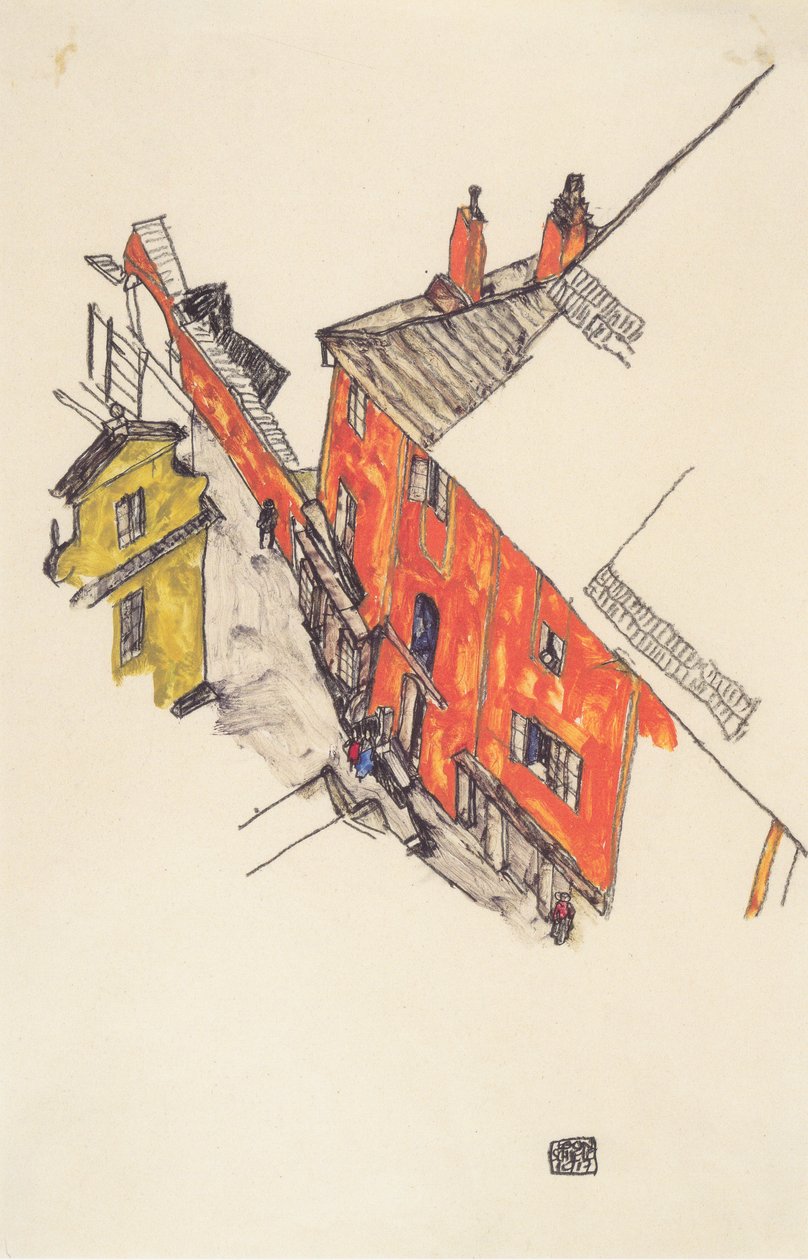 Oude gevelhuizen in Krumau vanaf de Schlossberg door Egon Schiele