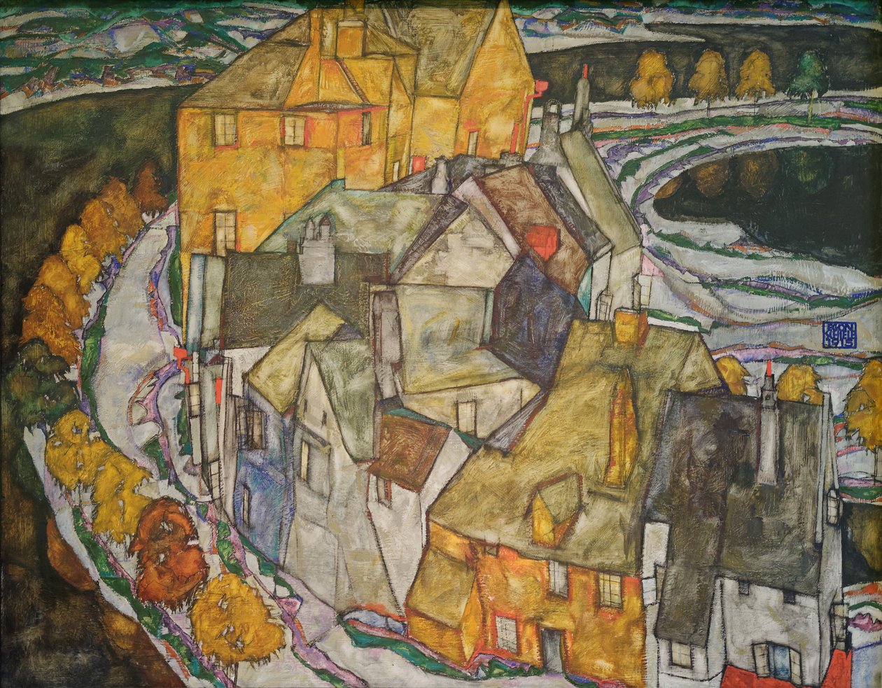 Halvemaan van huizen II (Eilandstad) door Egon Schiele