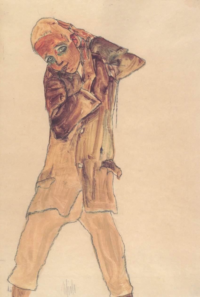 Jongen met lange jas door Egon Schiele