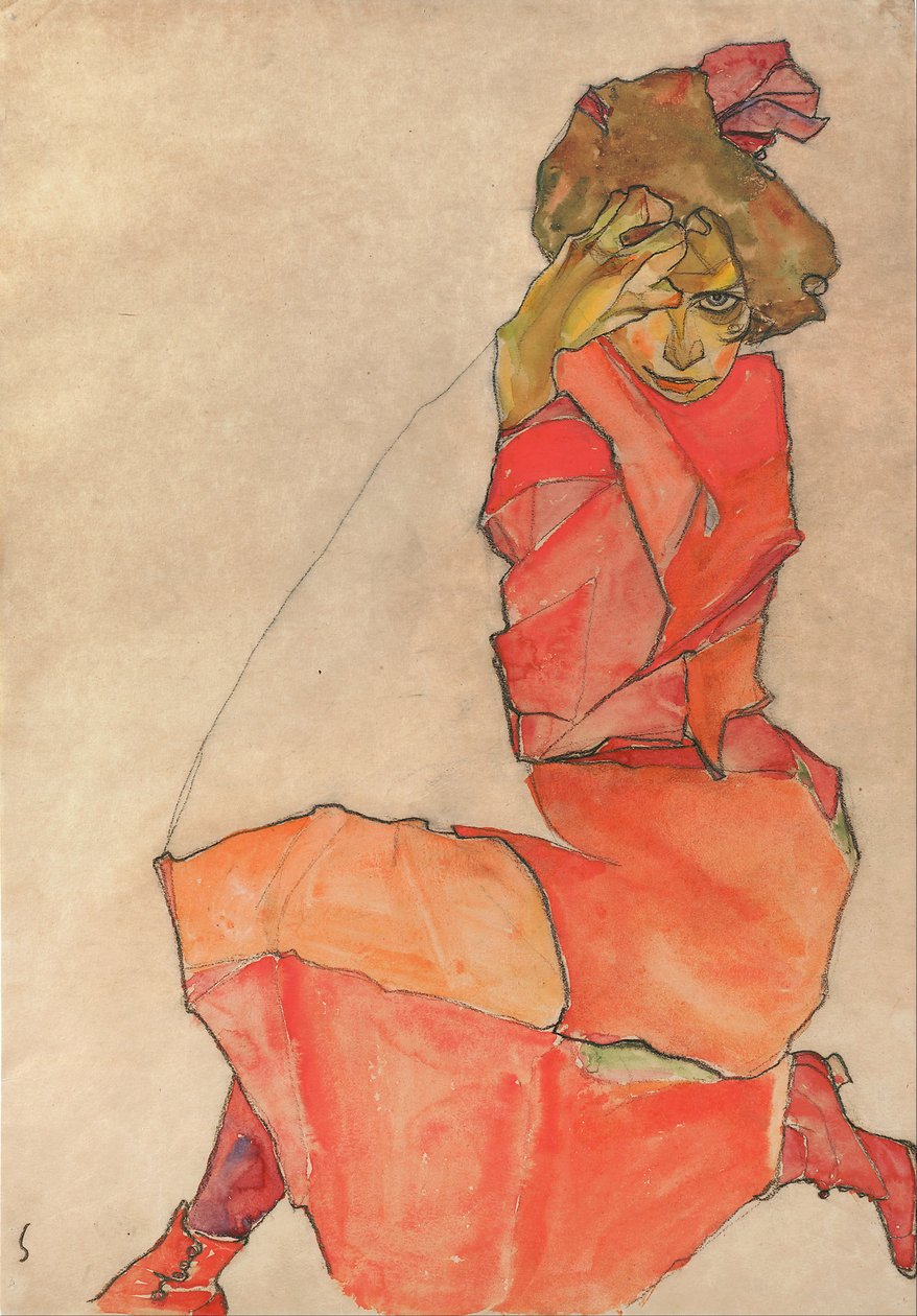 Knielende vrouw in oranje-rode jurk door Egon Schiele