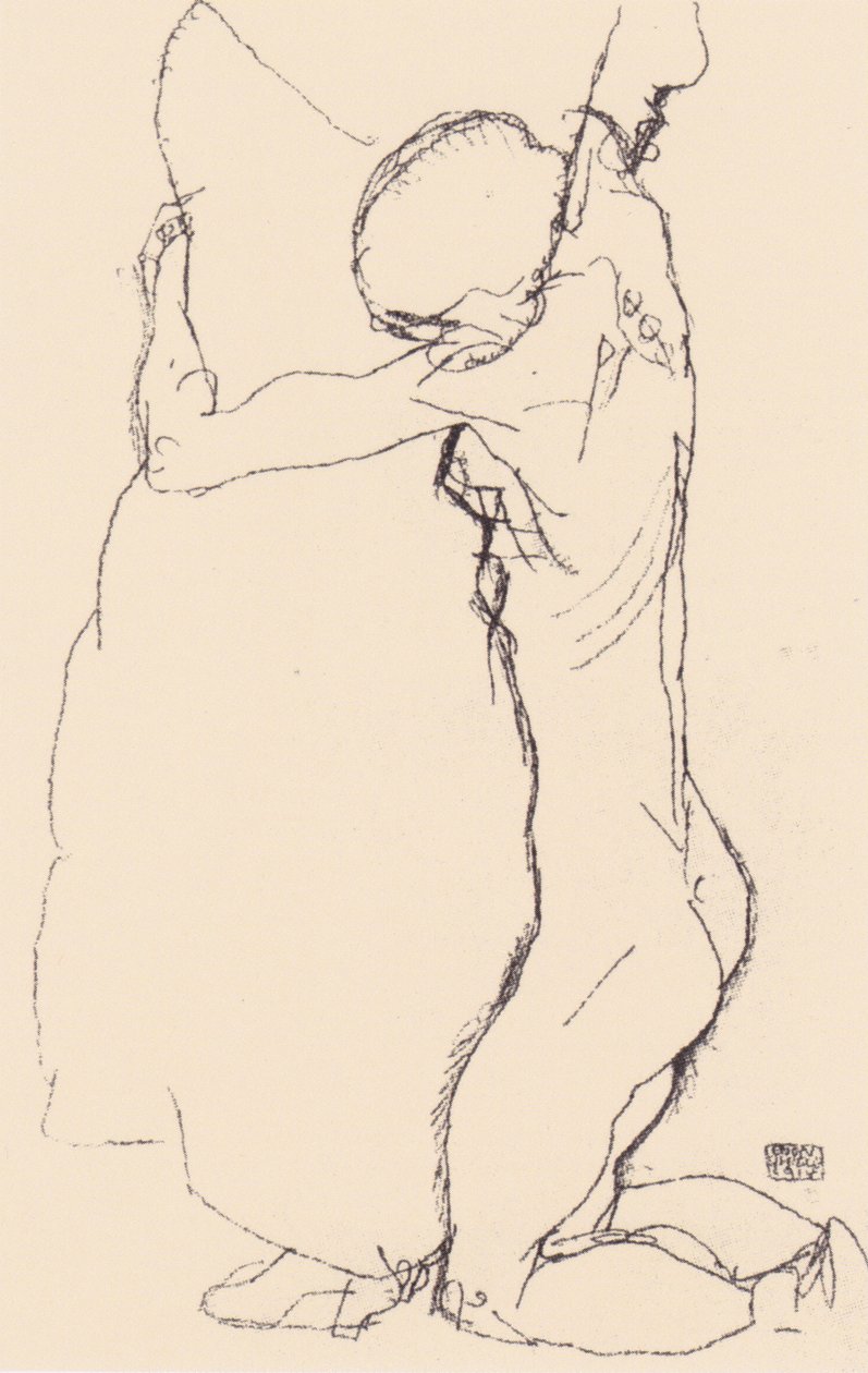 Knielende, een staande omarmend door Egon Schiele