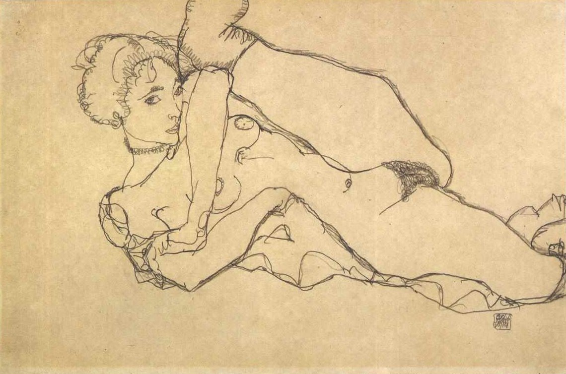 Liggend naakt met opgetrokken linkerbeen door Egon Schiele