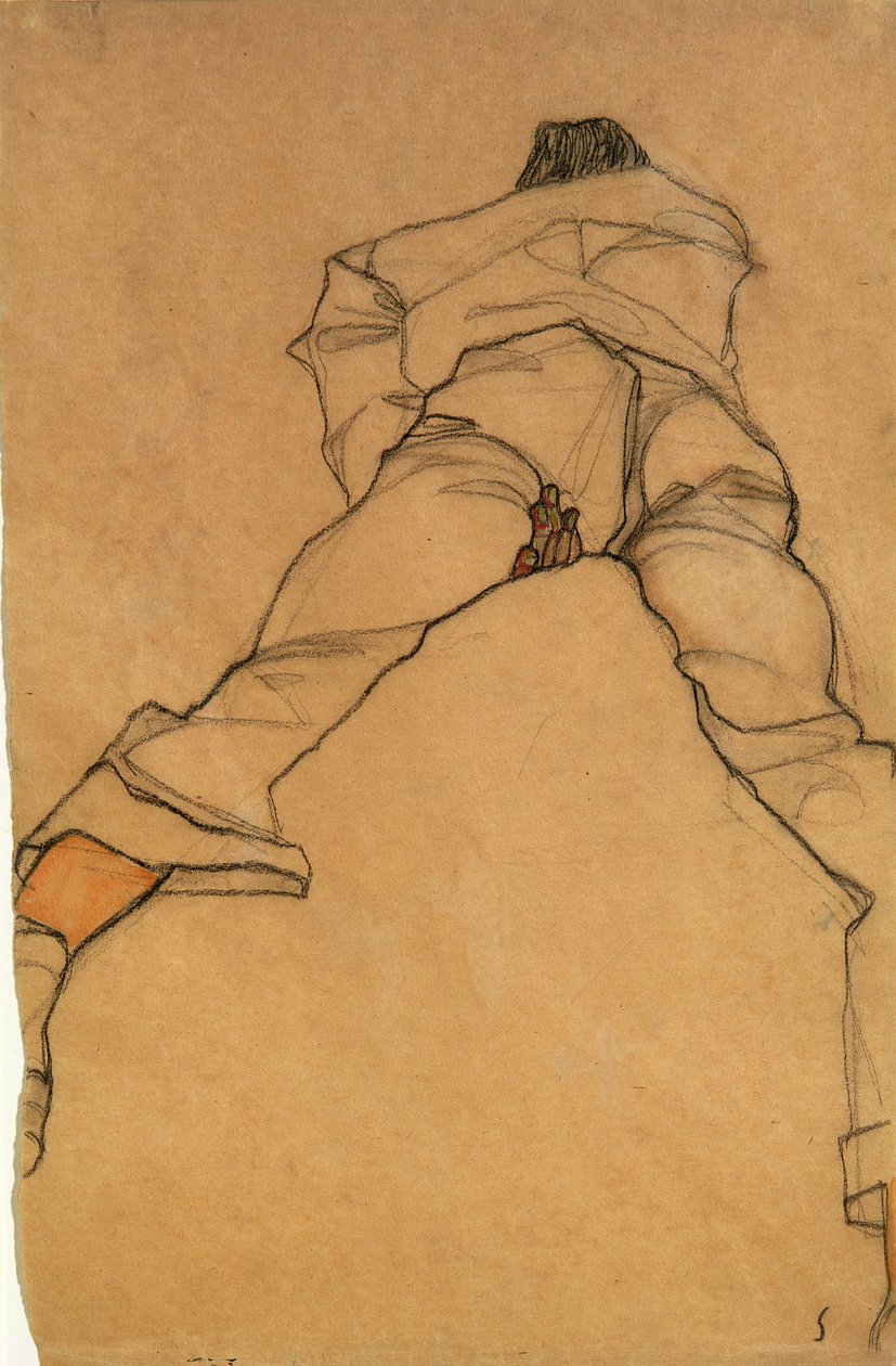 Man liggend met gezicht naar beneden, achteraanzicht, 1910 (potlood en wc) door Egon Schiele