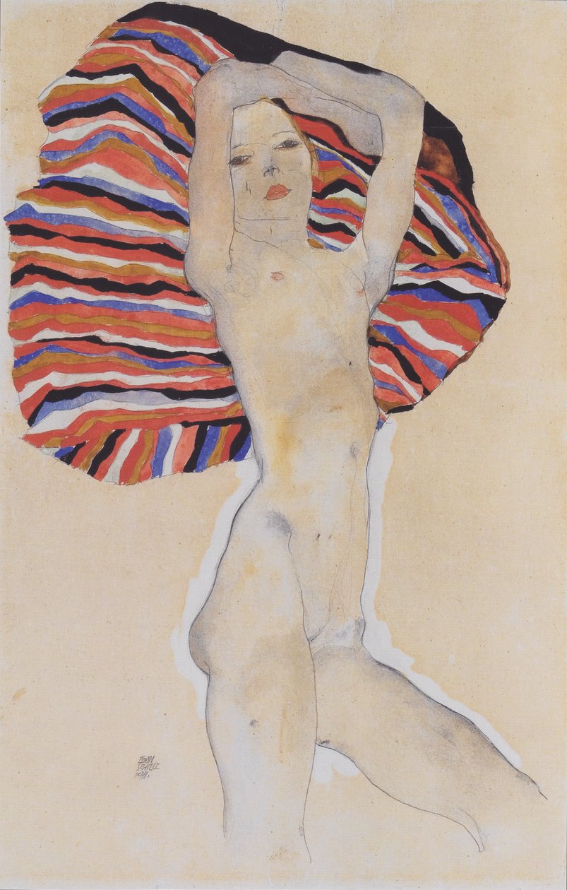 Meisjesnaakt tegen gekleurd doek door Egon Schiele