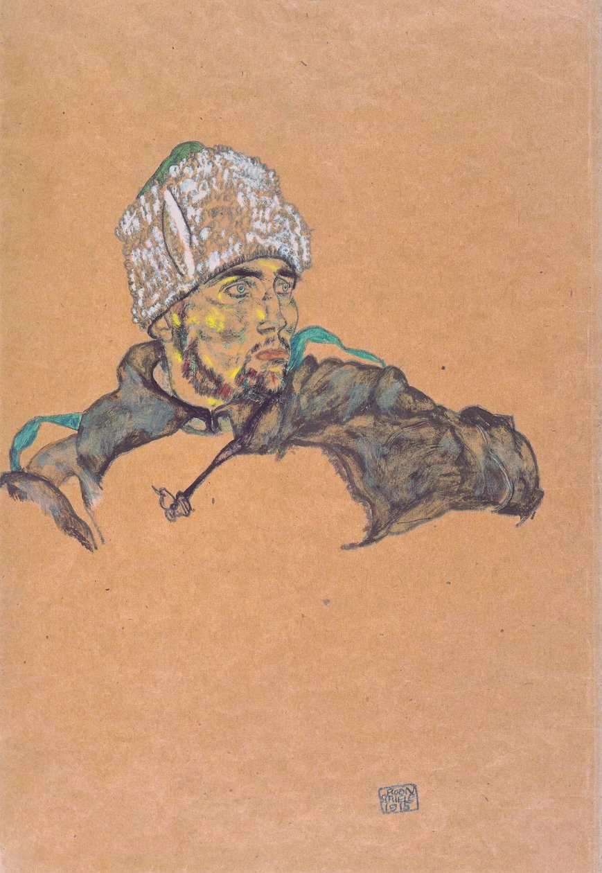 Russische krijgsgevangene met bontmuts door Egon Schiele
