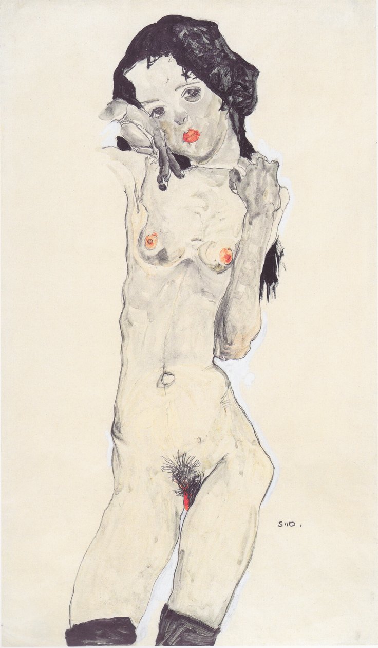 Naakt meisje met zwart haar door Egon Schiele
