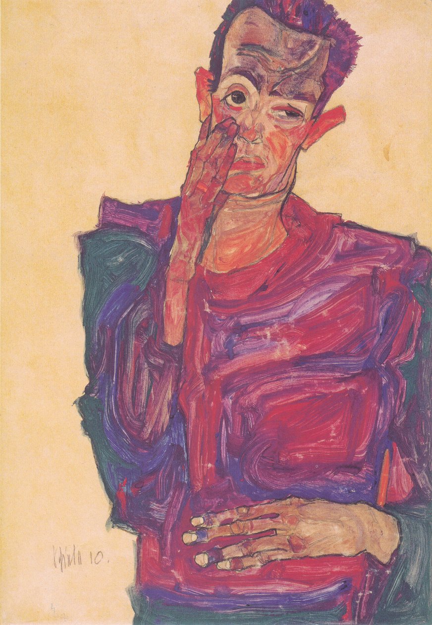 Zelfportret met neergelaten ooglid door Egon Schiele