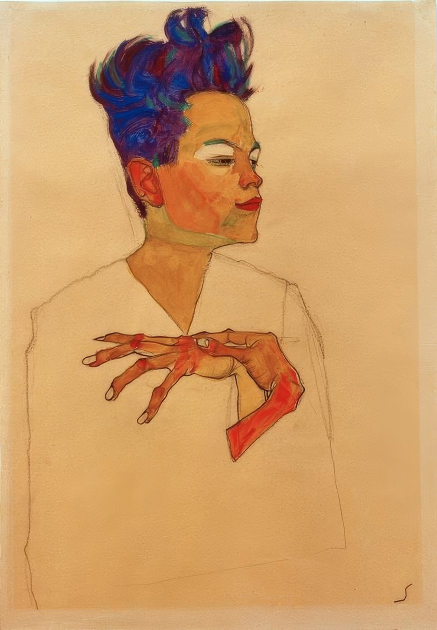 Zelfportret met handen op de borst door Egon Schiele