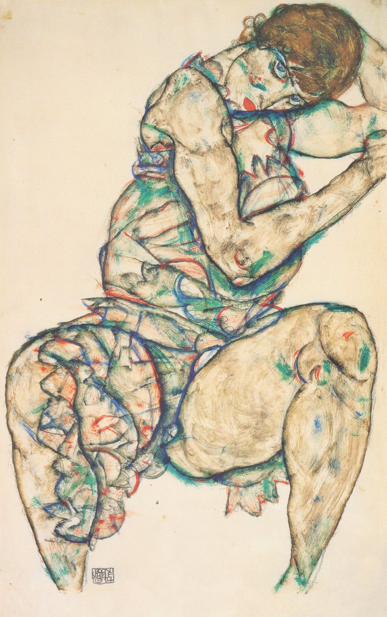 Zittende halfnaakt door Egon Schiele