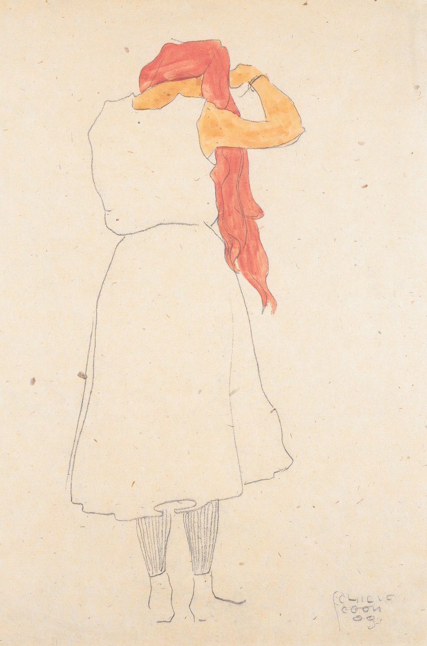 Staande vrouw die haar haar kamt door Egon Schiele