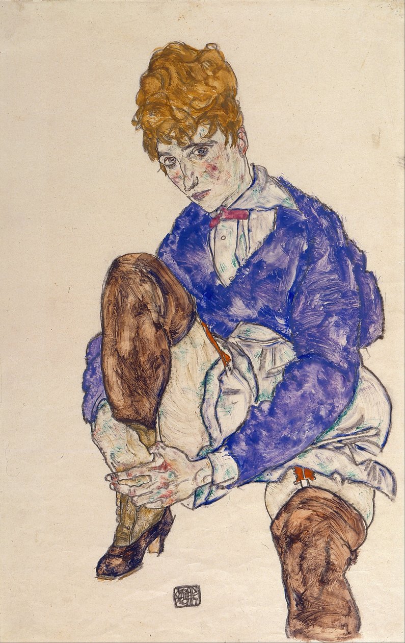 Portret van de vrouw van de kunstenaar zittend, haar rechterbeen vasthoudend door Egon Schiele