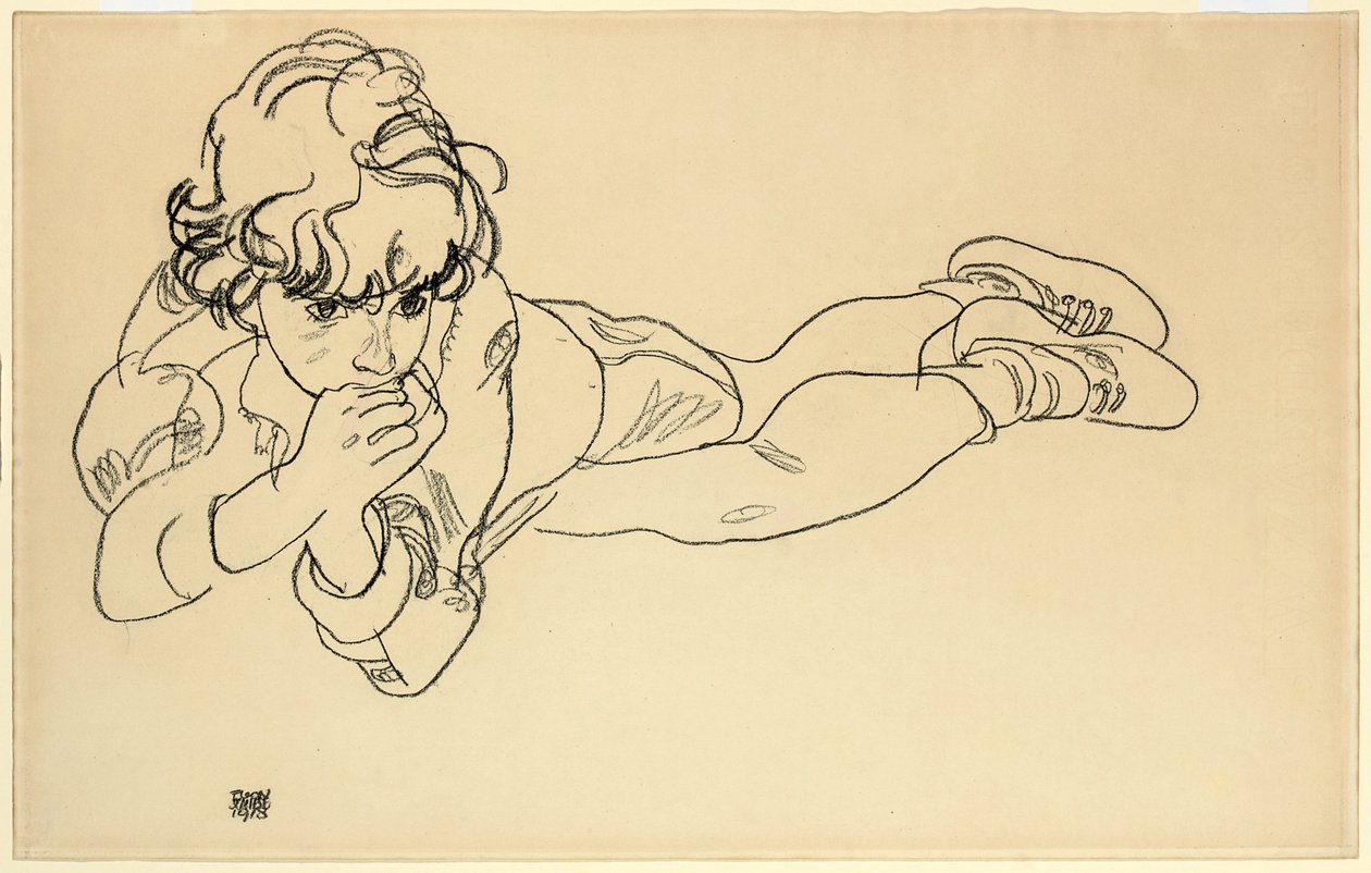 Jongen liggend op zijn buik, 1918 door Egon Schiele
