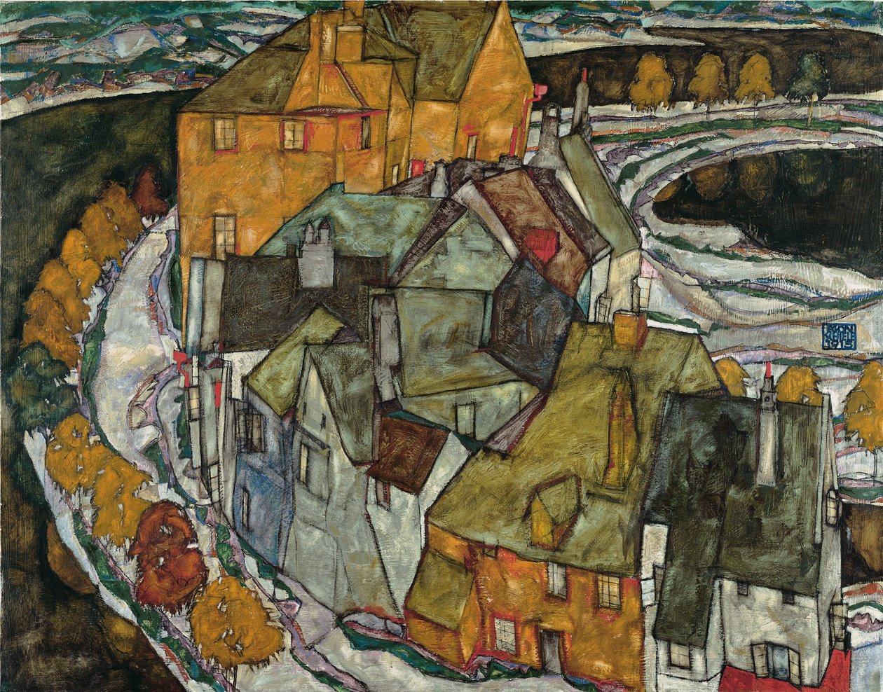 Crescent van Huizen II Eilandstad, 1915 door Egon Schiele