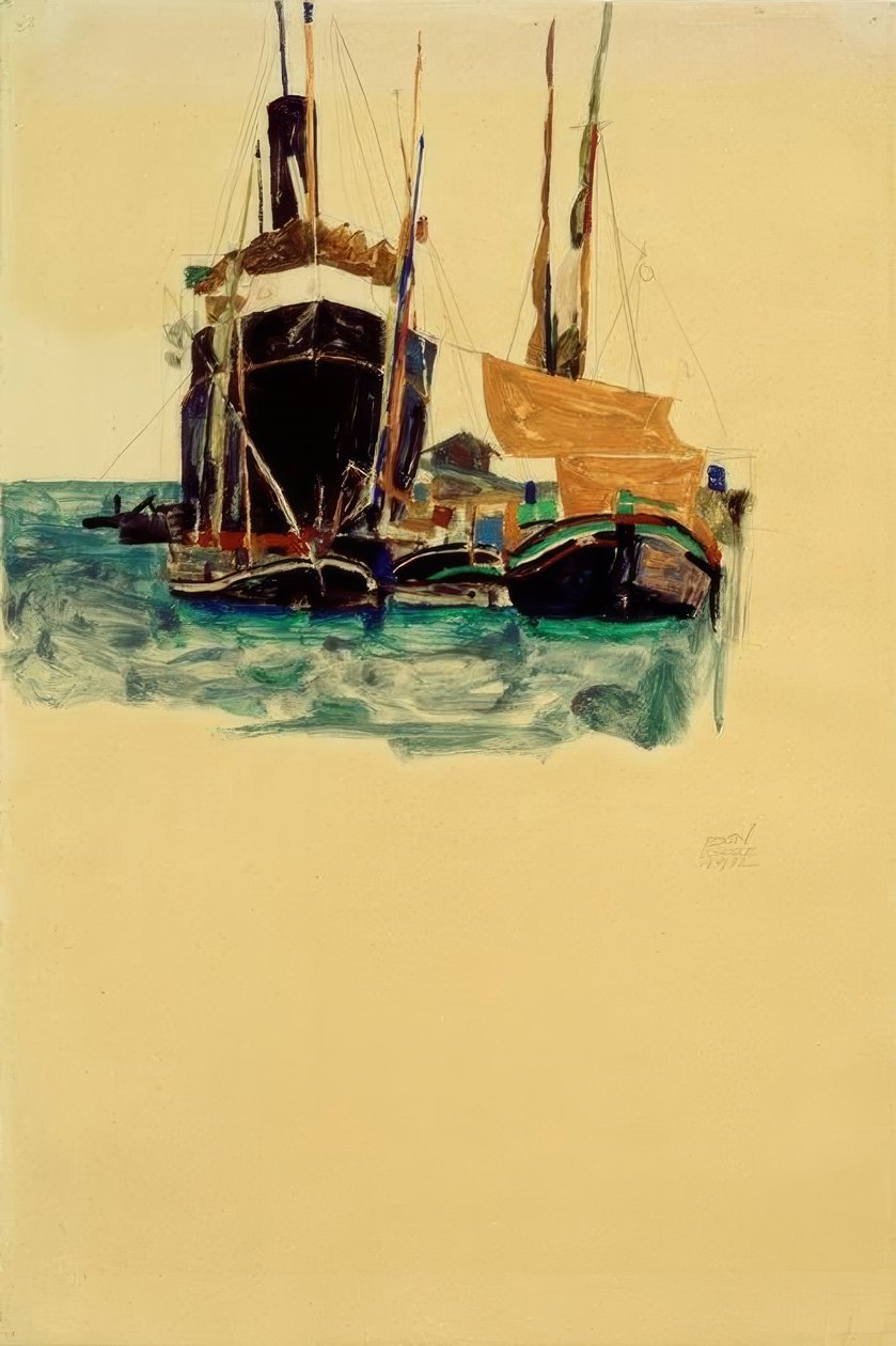 Stoomboot en zeilboten in de haven van Triëst door Egon Schiele