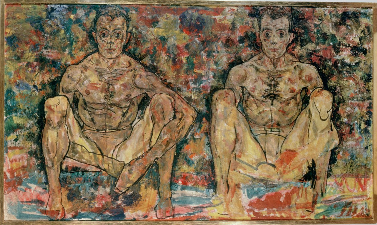 Hurkend mannelijk paar ... door Egon Schiele
