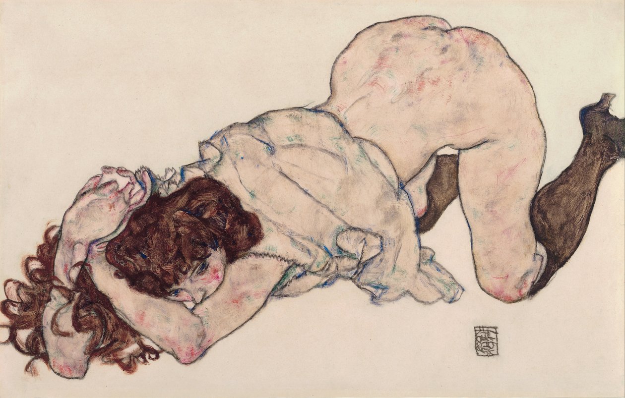 Knielend meisje, rustend op beide ellebogen, 1917 door Egon Schiele